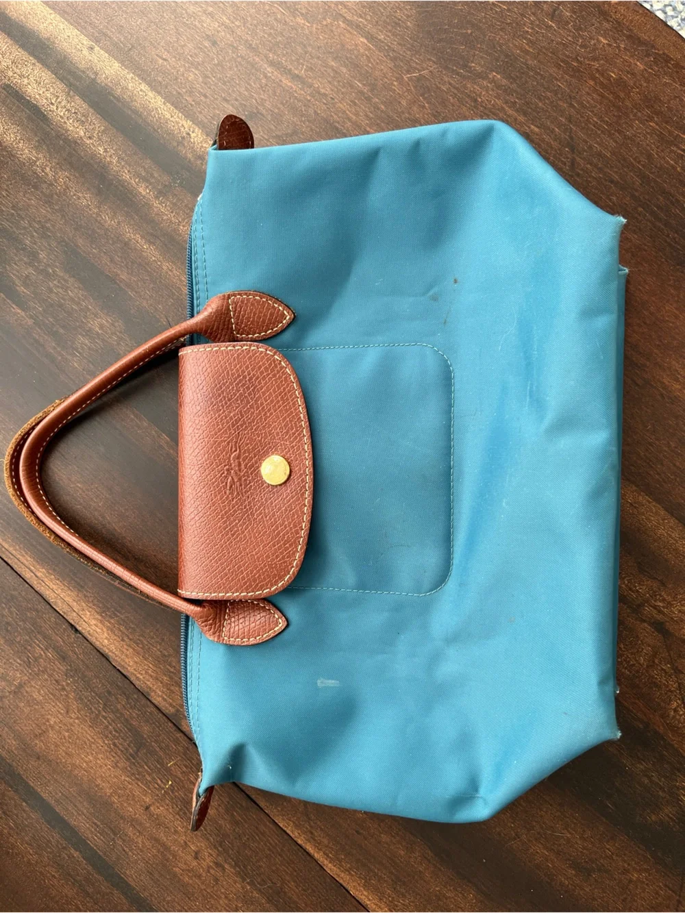 Longchamp Teal Nylon Le Pliage Small Tote Brown Leather Trim. 14”wide x 8”tall